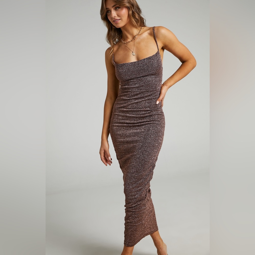 Roma Midi Dress - Ruched Cowl Neck Dress - Sparkly